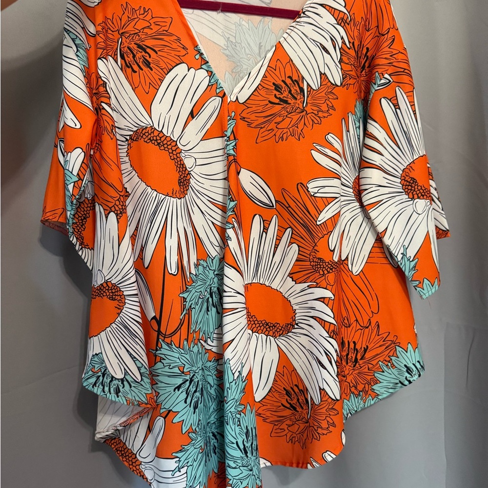 Bold Orange Floral V-Neck Blouse